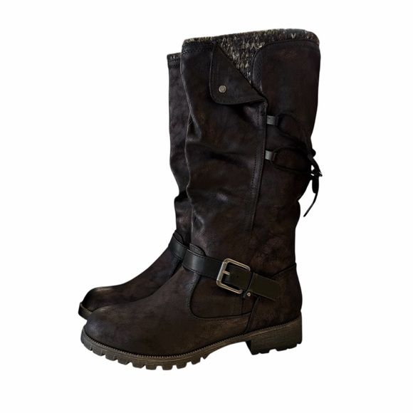 Jellypop Mid Calf Black Boots Riding Moto Buckle Slouchy Lace Up Winter Women’s - Picture 3 of 7